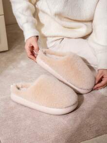 2025 Autumn/Winter New Thick Sole Solid Color Plush Warm EVA Height-Increasing Women's Indoor Slippers (Sole Color May Vary By Batch) - Beige - View 11