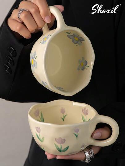 shoxil كوب شاي سيراميك مزخرف باليد بنقوش زهرية، كوب قهوة سيراميك بزهور الكرز، كوب سيراميك بزهور التوليب، مناسب للمنزل، هدايا المناسبات، المطاعم
