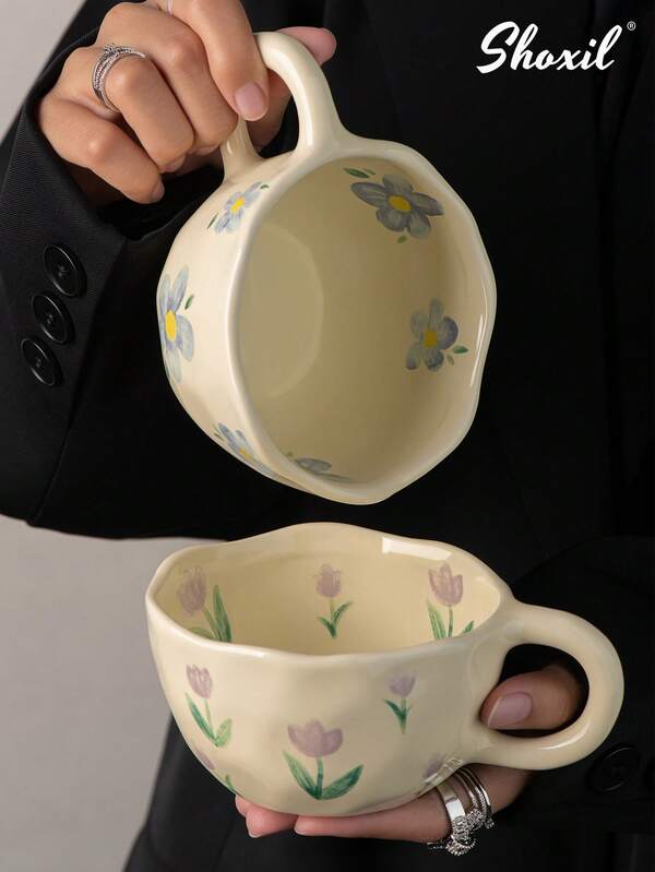 shoxil 1pc Hand-Painted Floral Ceramic Teacup, Floral Mug, Breakfast Milk Cup, Cherry Blossom Coffee Cup, Tulip Ceramic Cup, Suitable For Home, Holiday Gifts, Restaurant