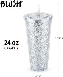 Glam Silver Vaso de doble pared con purpurina de 24 onzas por Blush |   Reutilizable, a prueba de fugas, viajes, plástico transparente, delgado, de café helado con sello de silicona, tapa atornillada y pajita - Plateado - Ver 4