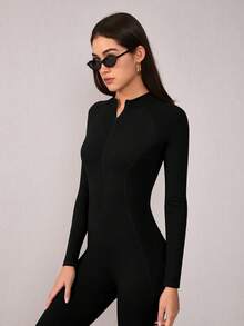 NcmRyu 一件装 女士修身立领拉链塑形提拉健身运动跑步瑜伽连体裤 - 黑色 - 查看 10