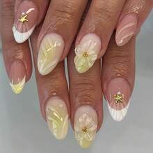 24片短款杏仁指甲贴，白黄法式立体花朵水波纹海星珍珠美人鱼指甲套装（内含：一片果冻胶，1条锉刀），适合女性日常约会派对按压指甲美甲用品美甲
