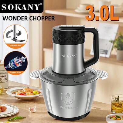  SOKANY 06016 Mașină de tocat carne electrică multifuncțională pentru uz casnic. Capacitate mare de 3L, 4 lame, reglare în 4 viteze, design cu buton. Putere mare de 800W, material din oțel inoxidabil, potrivit pentru acasă și restaurant, poate fi folosit ca blender de alimente, mașină de tocat carne, presă de usturoi, tocator de legume, feliator de ceapă, mixer de legume, robot de bucătărie wireless.