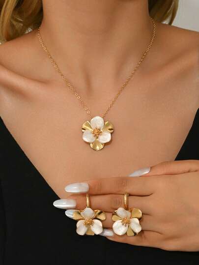 2 Pieces Of White Floral Earrings, 1 Floral Necklace, And A Fashionable Casual Floral Women's Jewelry Set Are Suitable For Daily Wear And Are Also A Great Choice For Parties And Holiday Gifts.