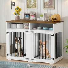 Furniture Dog Crate For 2 Dogs, 41 Inch Dog Kennel Furniture With Removable Divider And Shelf Storage, Wooden Dog Crate For Small/Medium Dogs, White/ Brown/ Gray - 白色 - 查看 7