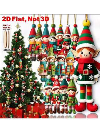 16 件木质精灵雕像 - 2D 平面彩色经典精灵装饰，具有富有表现力的面孔和姿势，4.72 英寸树顶装饰带挂环，绿色和红色服装搭配白色绒球和金色饰边，非常适合圣诞节、新年、感恩节树装饰 - 无需电池/电源，2D 平面