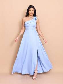 Helena Long Dress Luxury Plain Duna Linen With Slit Flowers One Shoulder - Màu xanh nhạt - Xem 5