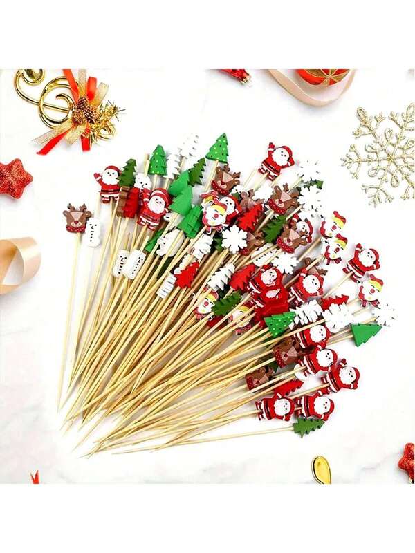 Conjunto de espetos de bambu para Natal com 200/100/50/20/10 peças, inclui árvore de Natal, floco de neve, Papai Noel, rena, boneco de neve, garfo de frutas, decoração de árvore de Natal, palito de dente para aperitivo, adequado para festa de aniversário, Ação de Graças, decoração de Natal, presente de Ano Novo