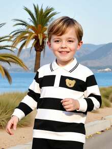 2 pezzi Set di polo a righe con stampa orsetto e pantaloni cargo per bimbi, outfit casual da esterno con tasche grandi, comodo e alla moda per primavera/autunno - nero - Visualizzare 4
