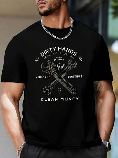 Dirty Hands Wrench Tool Tee , Men's Casual Printed Fashionable Casual Crew Neck 180gsm Pure Cotton T-Shirt(1 PC)