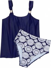 High Waisted Ruffle Tankini Swimsuit Plus Size Tummy Control - Navy Blue - View 3