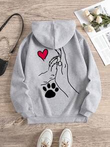 Plus Size Warm Heart Print Long Sleeve Casual Loose Hooded Sweatshirt, Autumn/Winter - Light Grey - View 2