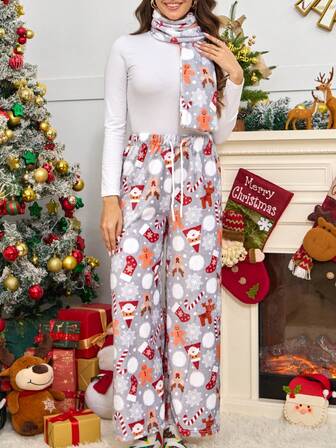 Damflanellbyxor i tjockt jultryck med renar och snöflingor, vida ben och dragsko i midjan, lämpliga för ytterkläder, sportkläder, vardagskläder, loungekläder, fluffiga, levereras med matchande halsduk, 2-delat set, höst/vinter, mysigt