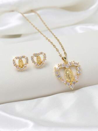 聖母マリア ハート ペンダントネックレス3点セット + キラキラ小さな繊細なハート型聖母マリアピアス、レトロな中空デザイン、合成ジルコニア入り、女性、結婚式、カトリック ジュエリー、バレンタイン、母の日、ギフトに (針は曲がりやすく、自然に元に戻ります)
