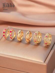 Hihho 3 对复古镂空几何圆环耳环，镶嵌铜锆石，搭配经典单排闪亮锆石金耳环，女士装饰耳环，节日礼物，玫瑰红耳环 - 玫紅色 - 查看 6