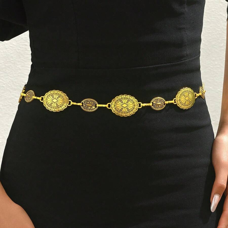 Middle East Fashion Metal Engraving Waist Chain Women's Retro Popular  Versatile Suit Skirt Accessories - TL0131小版古銀色 - 查看 1