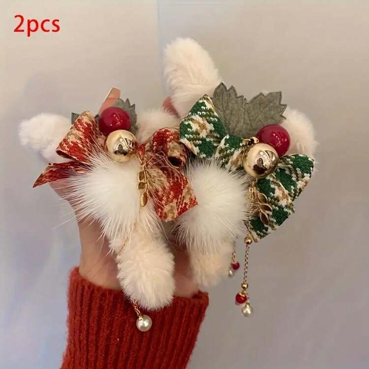2 Pieces Elegant Christmas Plush Bow Tassel Hair Clips For Women - Red And Green Rectangular Non-Slip Shark Clips With Faux Fur, Pine Leaves, And Gold Accessories, Suitable For Updos, Parties, Festivals, And Mother's Day Gifts