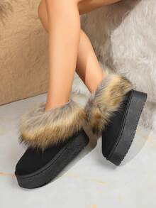 36-41 Faux Fur Lined Warm Thick Sole Snow Boots, Colorblock, Christmas, Punk Style Retro Fluffy Rhinestone Thick Sole Snow Boots, Suitable For Vacation & Outdoor Winter