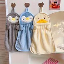 Cute Cartoon Duck And Penguin Hanging Towels - Soft Coral Fleece, Fade Resistant, Hand Wash Only, Grey, Yellow And Blue, Great For Bathroom Decor And Wiping Hands/Mouths Dish Cloths Kitchen Towel