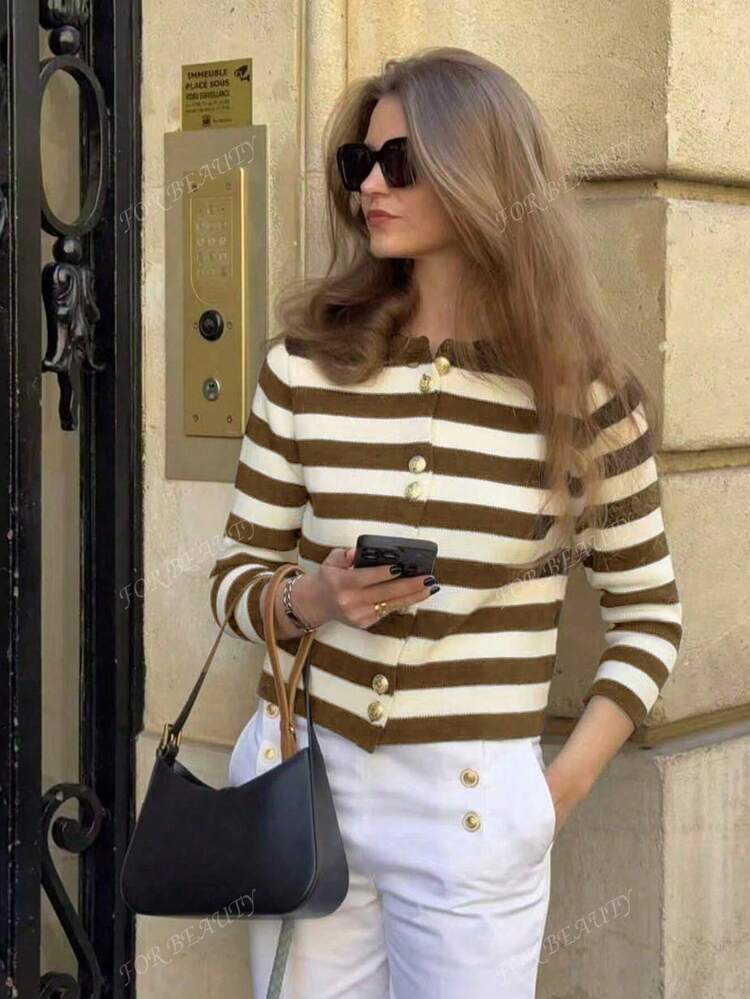 Cardigan élégant et minimaliste à rayures avec boutons devant pour femmes, pour un port casual au quotidien, printemps/été