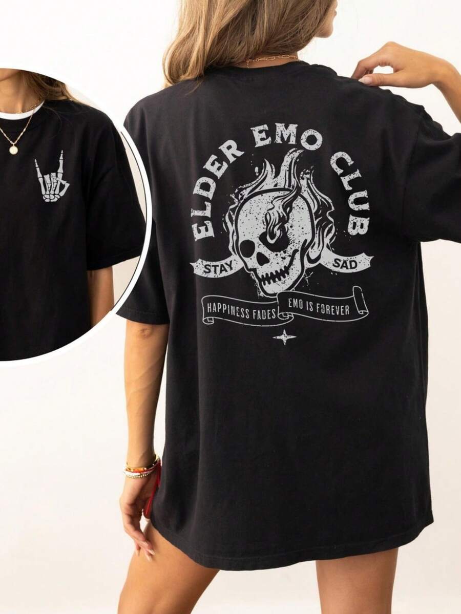 1pc Black T Shirt Elder Emo Shirt, Emo Shirt, Emo Clothing It Was Never A Phase, Emo Forever Shirt, Oversized Goth Emo Tee - 黑色 - 查看 1