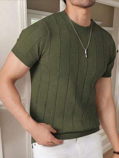 Camiseta Masculina Casual – Manga Curta Gola Careca Malha Básica Cor Sólida Versátil