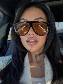 1pc Vintage Oversized Pilot Fashion Glasses Women For Men Shades Big Frame Windproof Popular Punk Beach Accessories For Women Glasses Shades Y2K Fest Music Fest For Summer Beach Vacation, Outdoor, Travel - 棕色 - 查看 2