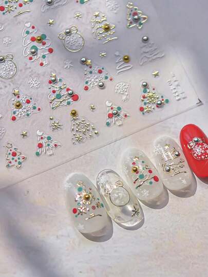 1张5D立体美甲贴纸，可爱圣诞熊、雪人、圣诞老人、姜饼人贴纸，冬季美甲贴纸，DIY美甲设计