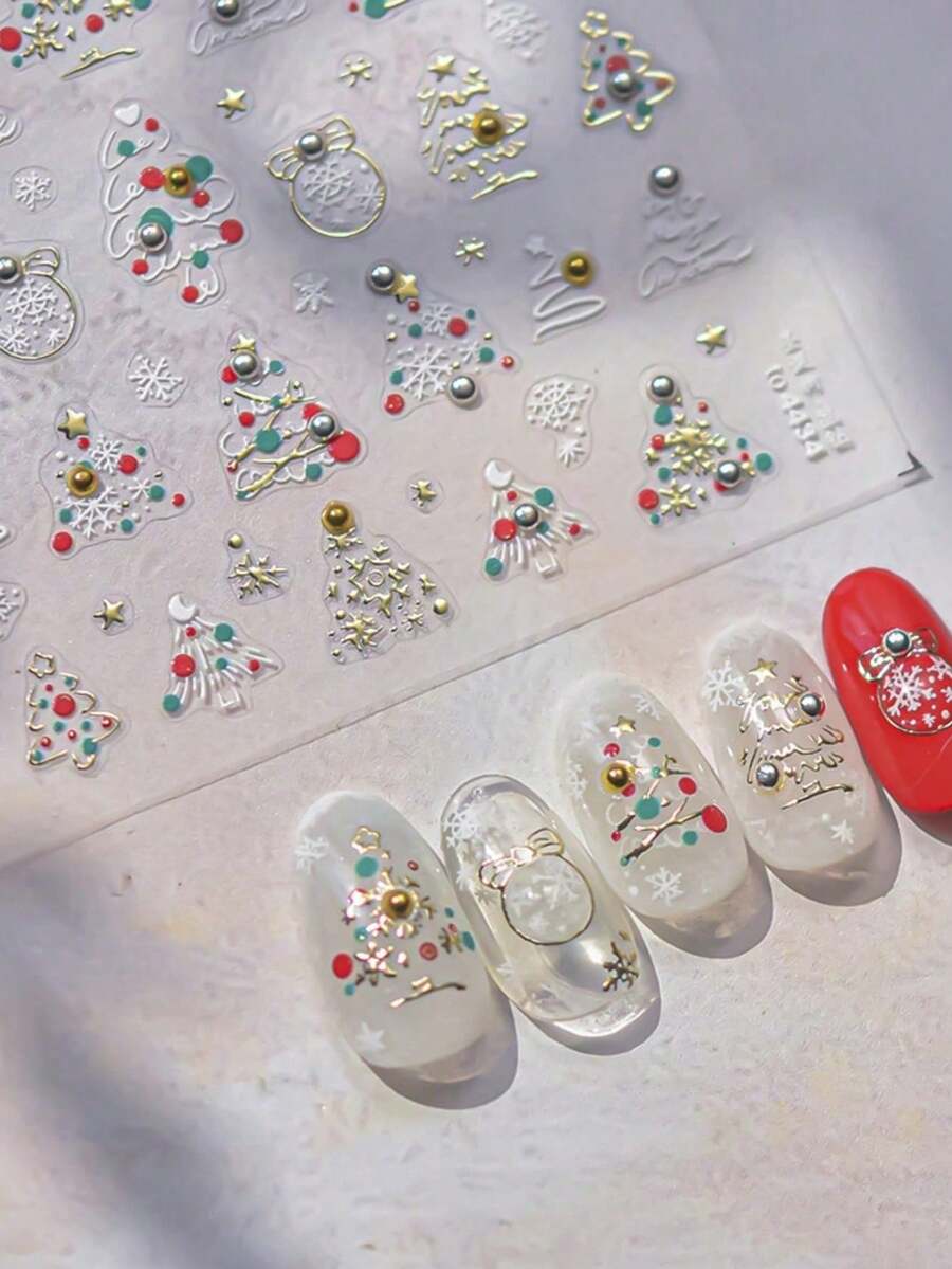1张5D立体美甲贴纸，可爱圣诞熊、雪人、圣诞老人、姜饼人贴纸，冬季美甲贴纸，DIY美甲设计 - 彩色 - 查看 1