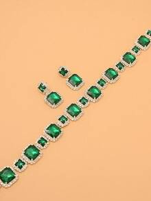 STONEFANS طقم قلادة وأقراط مربعة فضية، إكسسوارات زفاف، طقم مجوهرات عروس بتصميم بلوري أخضر