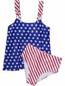 High Waisted Ruffle Tankini Swimsuit Plus Size Tummy Control - American Flag - View 7