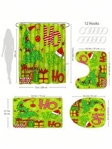 Cheerful Neon Green Christmas Cartoon Bathroom Set . Festive Holiday Decor | Cute Christmas Tree Wearing Santa Hat, Paired With Gifts, Candies And Snowflake Elements | Repeated "Ho" Text Adds Playfulness | Overall Design Is Bright And Lively, With Vivid Colors, Suitable For Children Or Households Who Enjoy Novel Colors | Includes Shower Curtain, Toilet Seat Cover, Bath Mat And Pedestal Mat