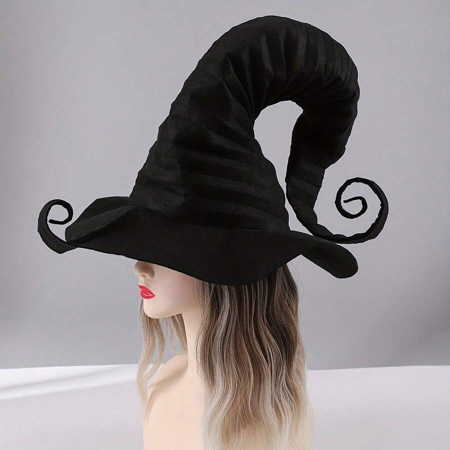 Oversized Gothic Witch Hat - Black Pleated Pointed Hat With Swirl Design, Soft And Stretchy Premium Fabric For Halloween, Christmas & Masquerade, Halloween Costume | Ghost Fashion | Soft Headdress - 黑色 - 查看 1