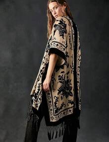 Women's Burnout Velvet Kimono Long Cardigan Cover With Tassel - 黑色/米色 - 查看 4