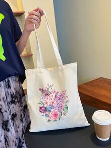 Bolsa de compras reutilizable de gran capacidad con estampado floral - Beis - Ver 5