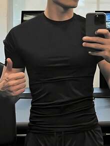 Camiseta de manga corta casual y versátil de unicolor para hombre - Negro - Ver 1