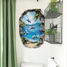 1pc 30x40 3D Dolphin Ocean Scene Wall Sticker, Creative 3D Visual Wall Decor, Removable Self-Adhesive Wallpaper, Suitable For Bathroom And Room - Multicolor - View 2