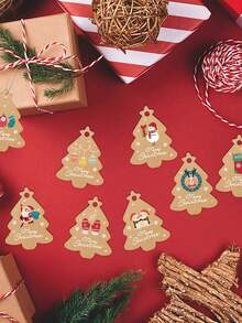 48pcs Christmas Vintage Christmas Tree Shaped Tag Patterns Gift Packaging Labels (With Hanging Cord), Santa Claus And Snowman Pattern Paper Gift Decorative Tags, Suitable For Christmas Party Gifts And Christmas - Multicolor - View 1