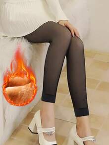 220g Thick Fleece Tights For Women In Autumn And Winter, Breathable Warm Long Tights, Cozy - Black - View 12