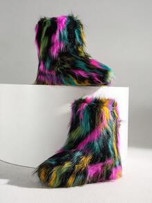 女式厚底保暖内衬雪地靴，松紧腰身，冬季户外保暖防滑，针织袖口拼接，厚底，经典中筒靴，多色，时尚，色块 - 彩色 - 查看 7