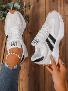 Women's Sneakers Casual Thick Sole Lace-Up Running Shoes Non-Slip Student White Shoes - White - View 1