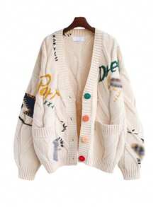 2025 Lightweight Sweaters Cardigan For Women Cable KnitLong Sleeve Tops Open Front Cardigan Sheep V-NeckButton Down Embroidery Wool Blend Sweater Coat Outwear