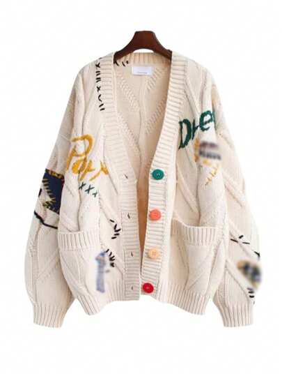 2025 Lightweight Sweaters Cardigan For Women Cable KnitLong Sleeve Tops Open Front Cardigan Sheep V-NeckButton Down Embroidery Wool Blend Sweater Coat Outwear