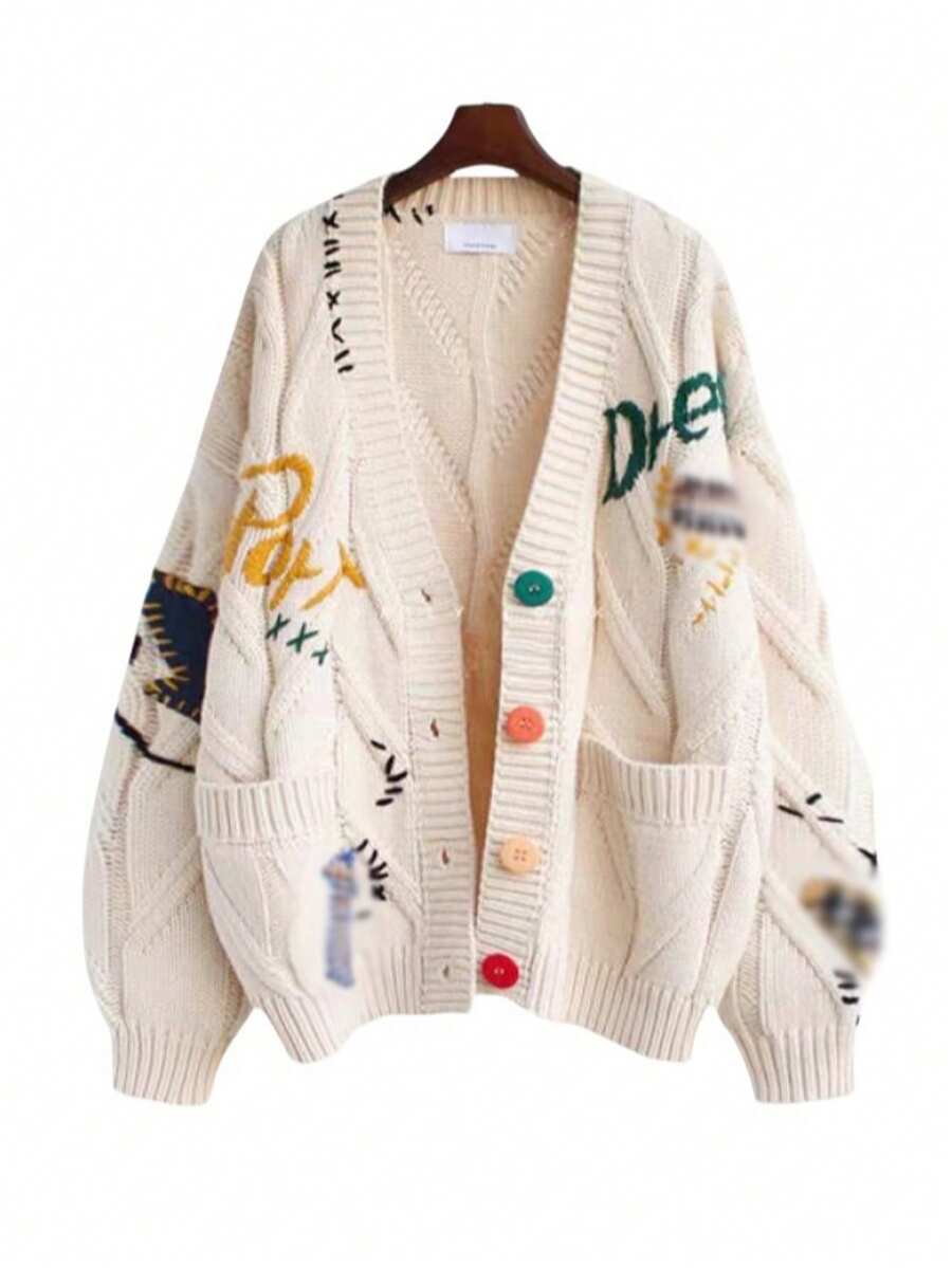 2025 Lightweight Sweaters Cardigan For Women Cable KnitLong Sleeve Tops Open Front Cardigan Sheep V-NeckButton Down Embroidery Wool Blend Sweater Coat Outwear