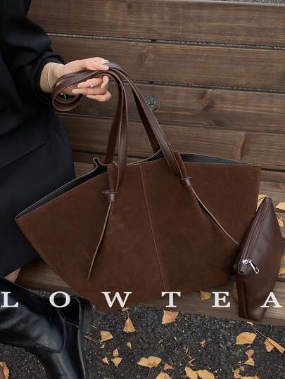  2pcs Low Tea Solid Color Suede Fabric Shoulder Bag, Women Casual Large Capacity Tote Bag, Dual Handle Design With Snap Closure, Suitable For Travel, Shopping, Dating, Women's Gift, Fit For Teenagers, College Girls, And Office Ladies, Great For Office, School, Work, Business, Commuting, Outdoor, Travel, Picnic, New Fall Fashion 2025 For Women