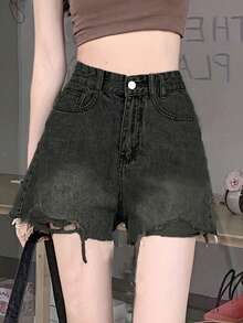 女士时尚破洞简约休闲牛仔短裤 - 黑色 - 查看 5