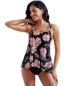 High Waisted Ruffle Tankini Swimsuit Plus Size Tummy Control - Pink Floral - View 10