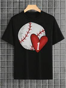 High Quality  Baseball Hearts , Short Sve- Shirt, High Durability, Men Clothes, Comfortable And Breathable Skating Or Outdoor Activities,Percent Cotton Shirts, Black Street Graphic Tees, Men's-Shirt, Funny Graphic Vintage Shirts,S- - Black - View 4
