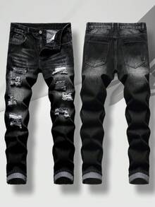 1 Pair Of Men's Jeans, Ripped Denim Street Pants, Slim Fit, Black Ripped Men's Jeans Suitable For All Seasons - 黑色 - 查看 1
