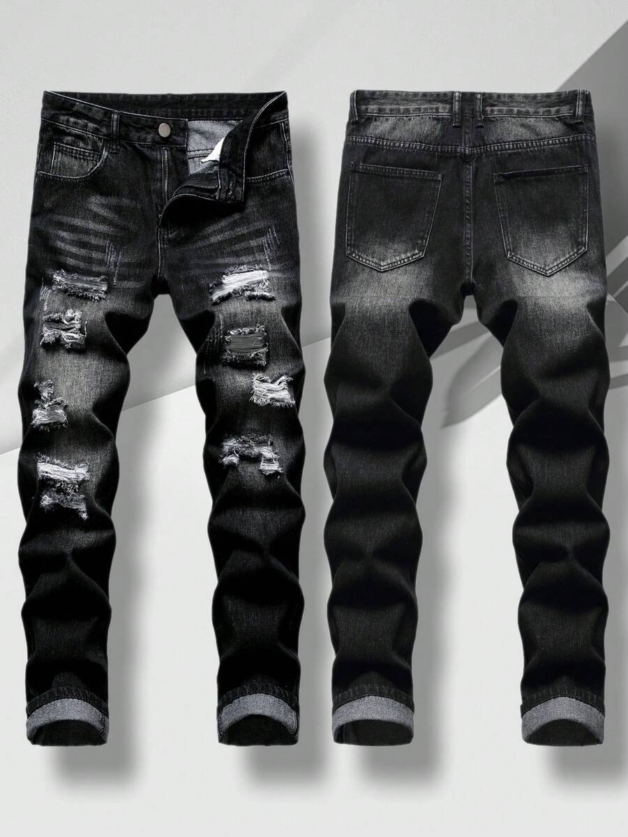 1 Pair Of Men's Jeans, Ripped Denim Street Pants, Slim Fit, Black Ripped Men's Jeans Suitable For All Seasons - 黑色 - 查看 1
